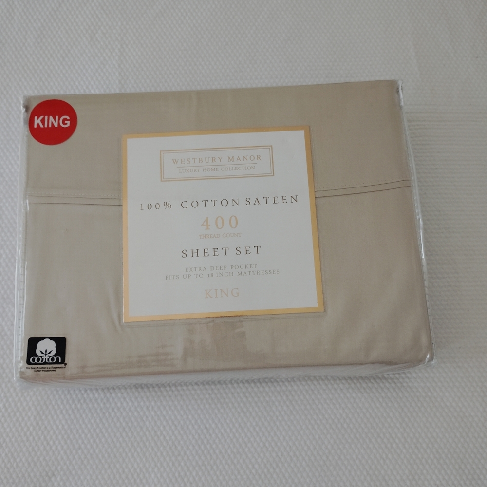Westbury Manor 100%  COTTON Satten  400 TC King Sheet Set Extra Deep NIP.